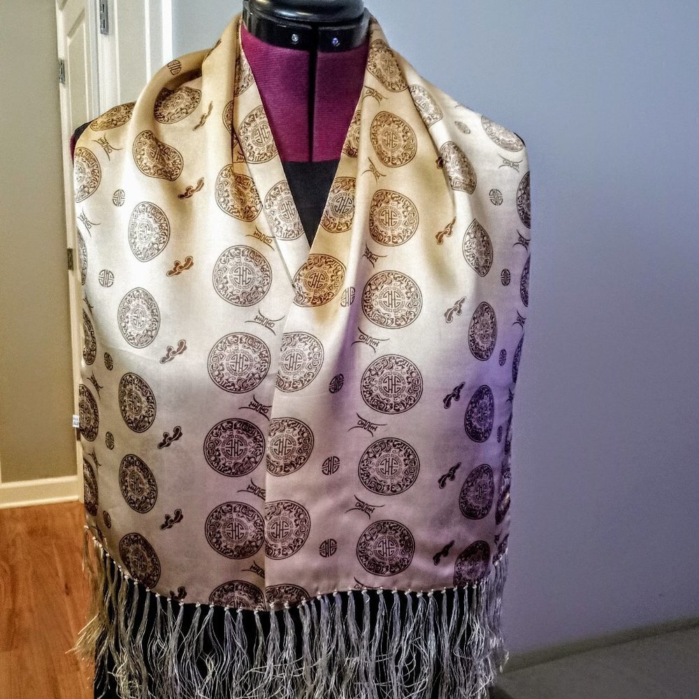 Chinese Beige Brown Silk Oblong Fringed Scarf